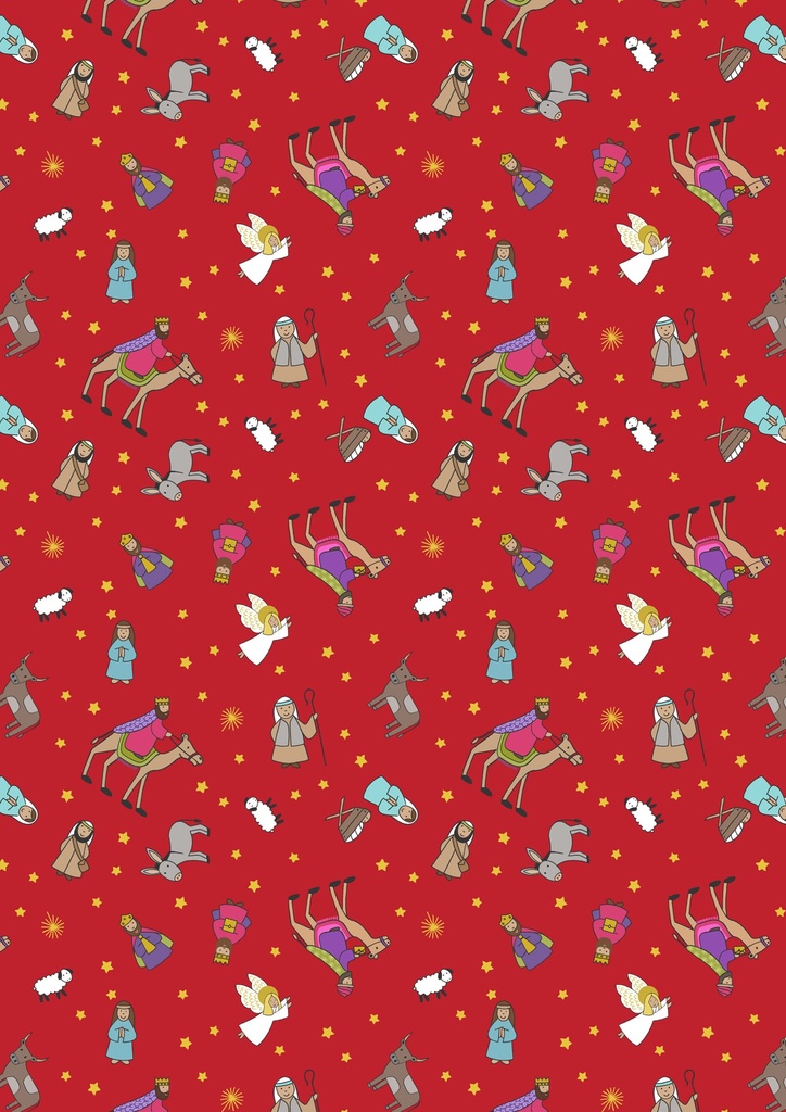 Nativity Characters on Red with Gold Metalic