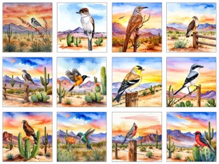 Watercolor Desert Bird Scenes Panel 2