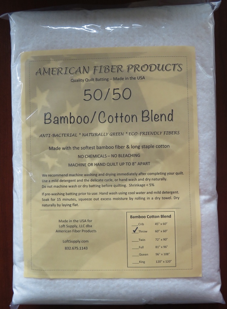 50/50 Bamboo/Cotton Blend Batting Throw Size 60" x 60"