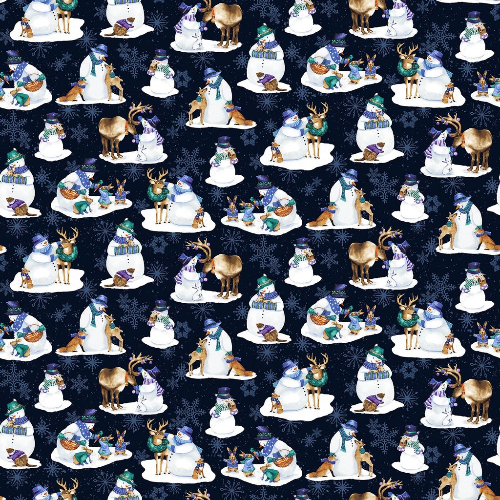 Flurry Friends Snowman & Critter Allover Navy