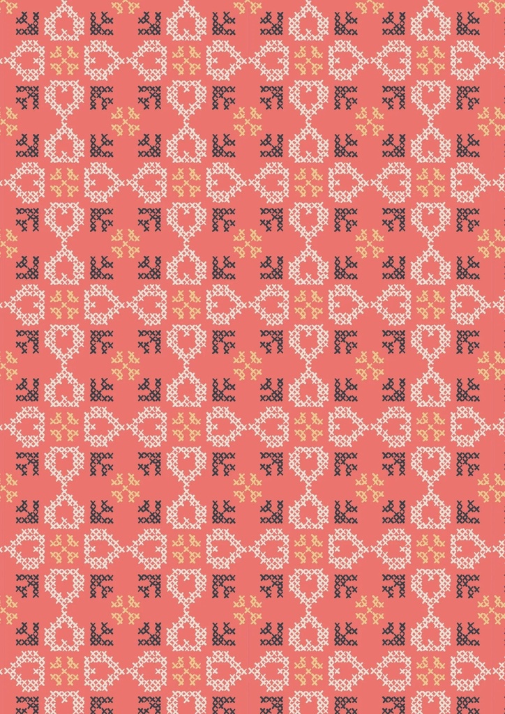 Folk Floral Cross Stitch Hearts on Coral