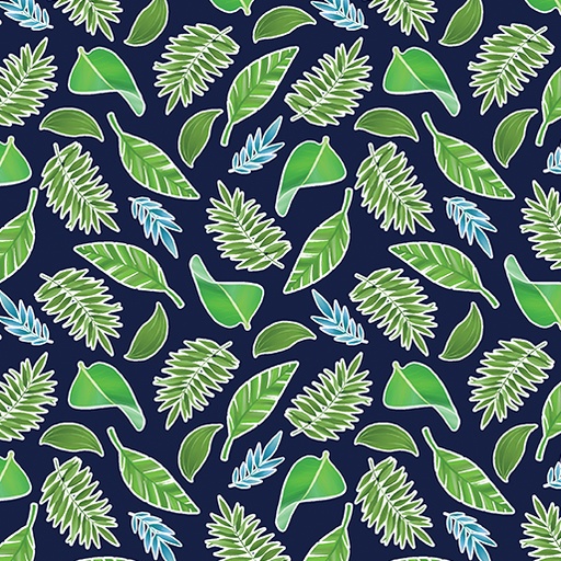 [14894G-58] Rainforest Glow Tropical Leaves Navy