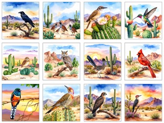 Watercolor Desert Bird Scenes Panel 1