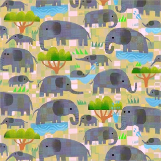 [55459D-5 Yellow Savanna] Animal Kingdom Mama and Baby Elephants Yellow Savannah