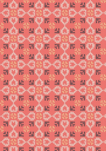 [A669.2 Coral] Folk Floral Cross Stitch Hearts on Coral